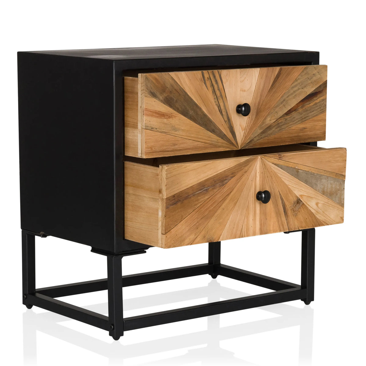 Sidobord SANTJAGO BLACK SUN S med två trälådor i solstrålsdesign och svart metallstomme från hjh LIVING