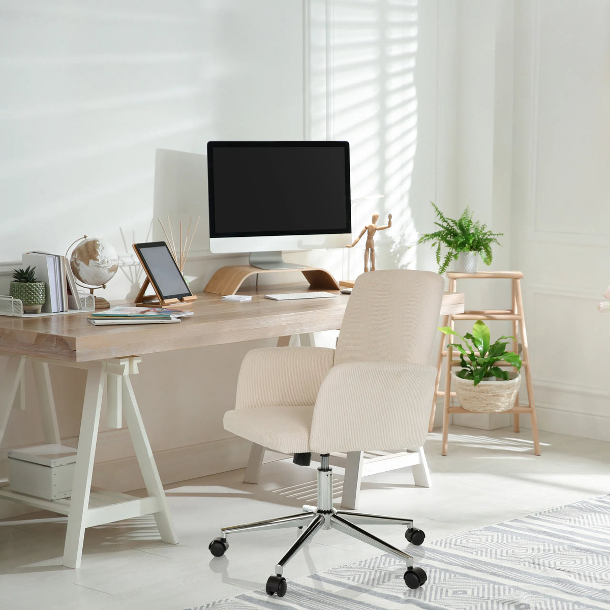 Beige Home Office kontorsstol SOLAO CORD med armstöd och stjärnfot med hjul från hjh OFFICE
