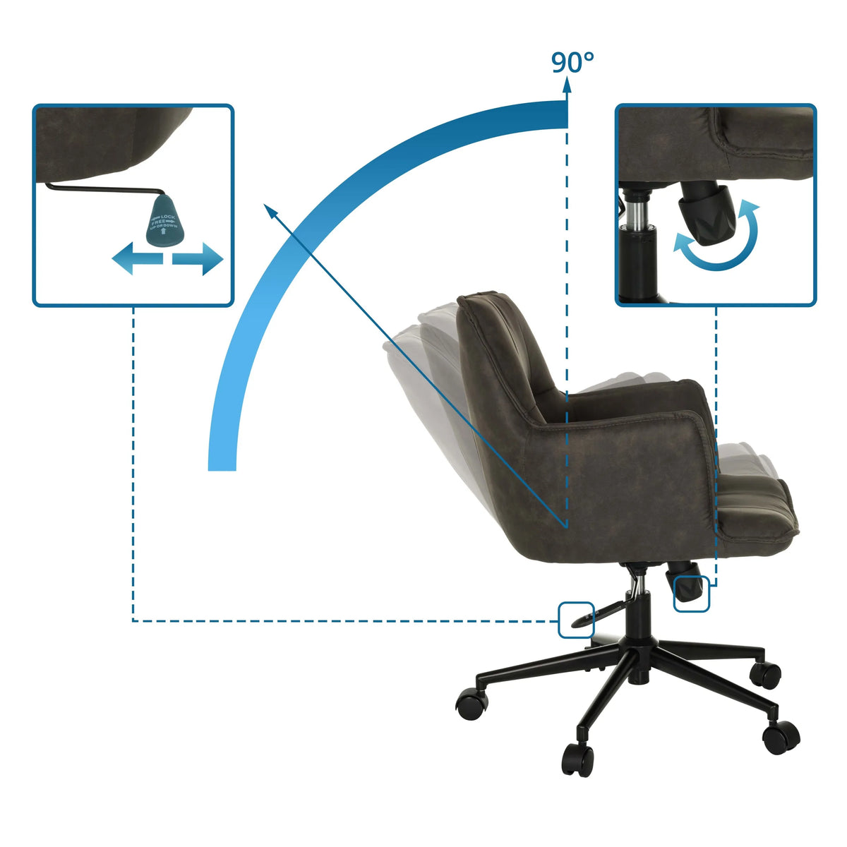 Justeringsmekanismer och lutningsvinkel för SOLAO LIFE home office kontorsstol från hjh LIVING