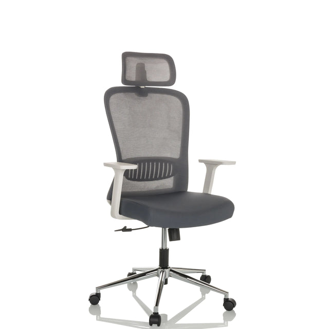 Homeoffice-Bürostuhl BELAIA W mit grauem Netzbezug, Kopfstütze und weiß-grauen Armlehnen von hjh OFFICE
