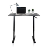 Svart Ståskrivbord STAND CR med bärbar dator, skrivbordslampa och två små växter från hjh OFFICE
