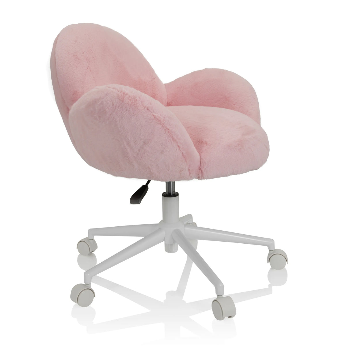 Rosa Snurrstol för barn KID TEDDY med fluffigt överdrag och vitt femstjärnigt underrede med hjul från hjh OFFICE – 360-gradersvy (snett framifrån 60°)