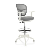Grå bardiskstol TOP WORK 108 W med nätrygg, fotring och vitt femstjärnigt underrede med hjul från hjh OFFICE – 360-gradersvy (snett framifrån 40°)