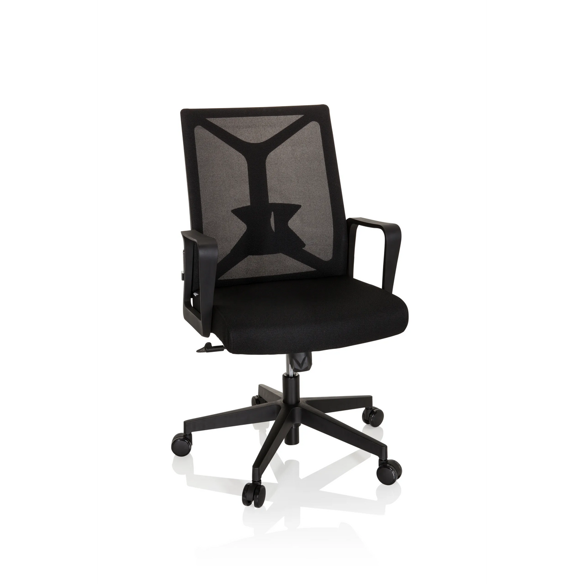 Svart Home Office kontorsstol ENCO med nätrygg och femhjulig stjärnfot från hjh OFFICE – 360-gradersvy (framifrån 20°)