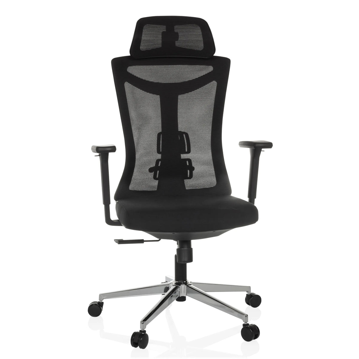 Svart Professionell kontorsstol KAMIAK med nätrygg och femstjärnig fotkorsbas med hjul från hjh OFFICE – 360-gradersvy (framifrån 15°)