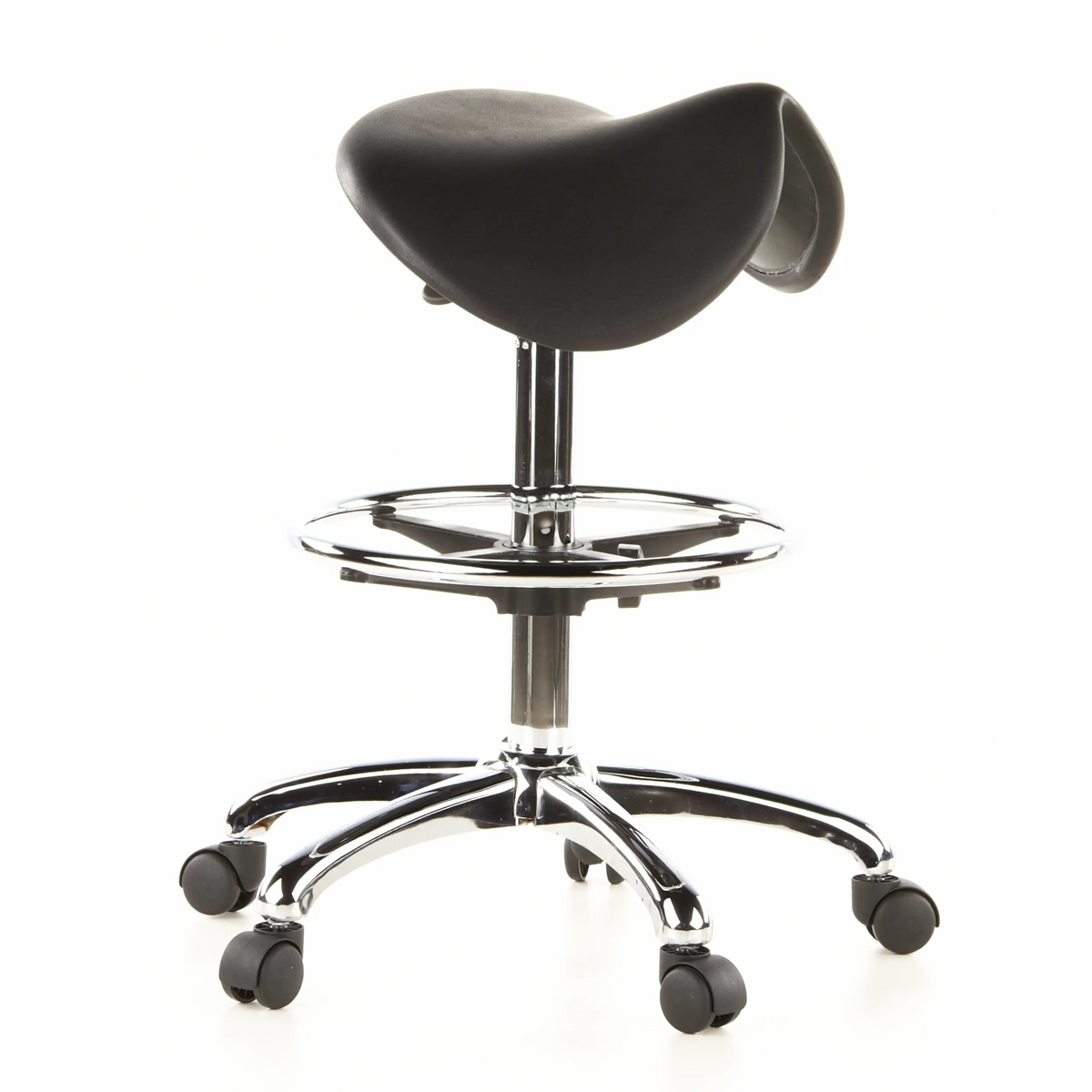 Svart sadelpall TOP WORK 13 med fotring och femstjärnig fotkorsbas med hjul från hjh OFFICE – 360-gradersvy (snett framifrån 60°)