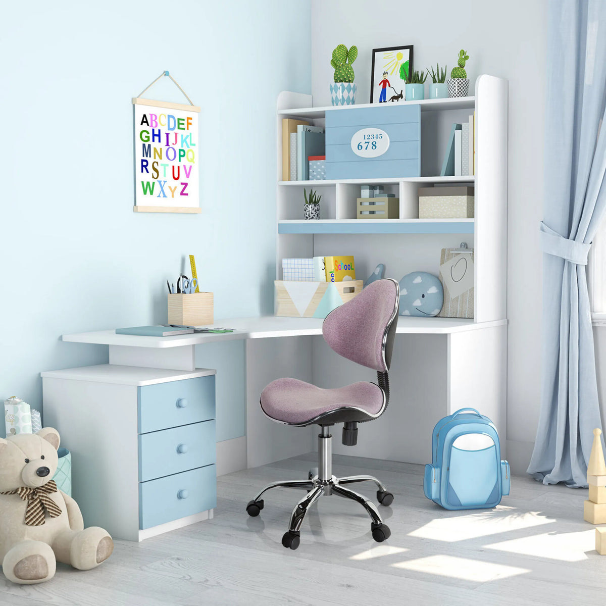 Rosa Snurrstol för barn KIDDY GTI-3 med stjärnfot och vaddering vid ett skrivbord från hjh OFFICE