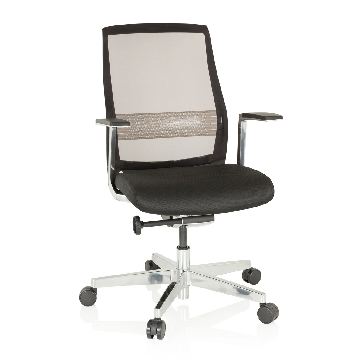 Schwarzer High-End-Bürostuhl FOUNTAINE PRO mit Netzrücken und Fußkreuz mit fünf Rollen von hjh OFFICE – 360-Grad-Ansicht (Frontansicht 20°)