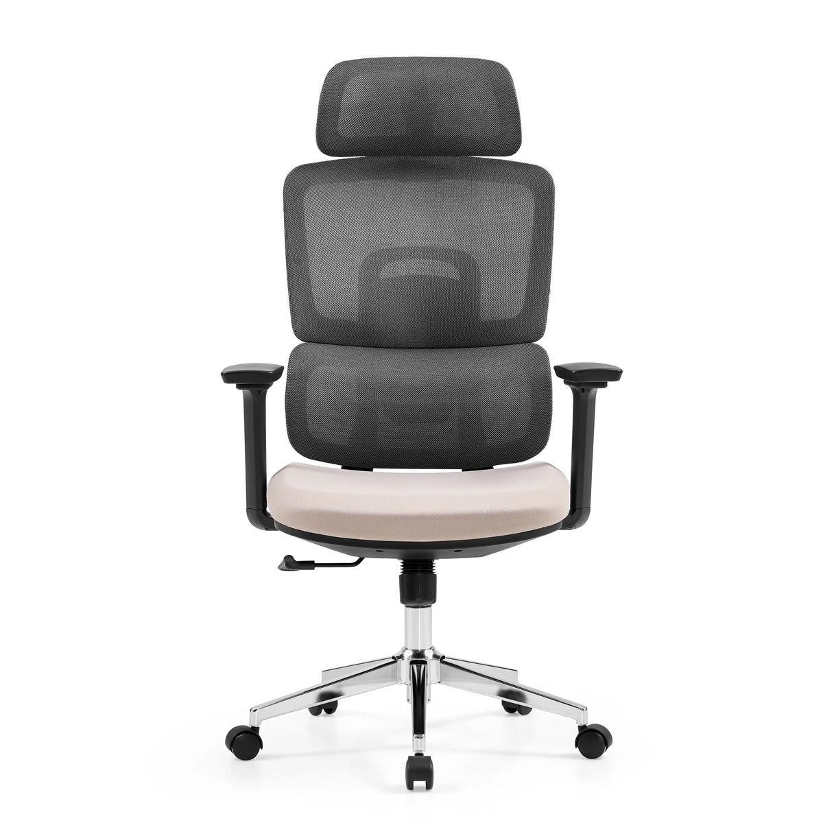 Mörkgrå professionell kontorsstol Ergomy Pro med beige sits, nätrygg och femhjulig fotkorsbas från hjh OFFICE – 360-gradersvy (framifrån 0°)