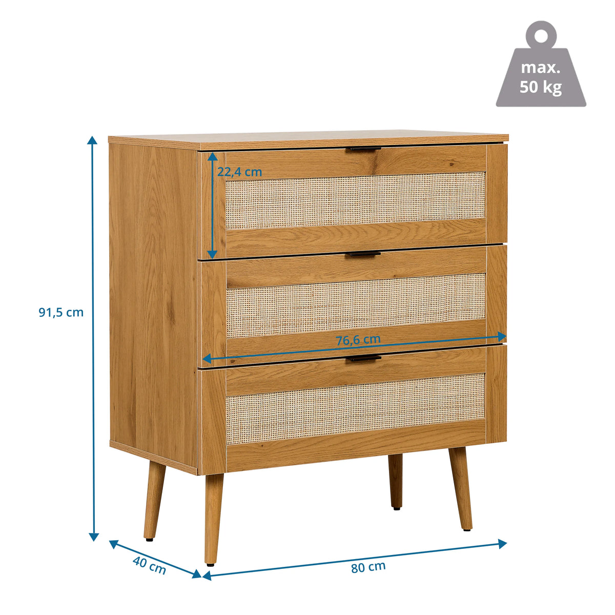 Måttskiss av Byrå BOHEO K med 80 × 40 cm och maximal belastning på 50 kg från hjh LIVING