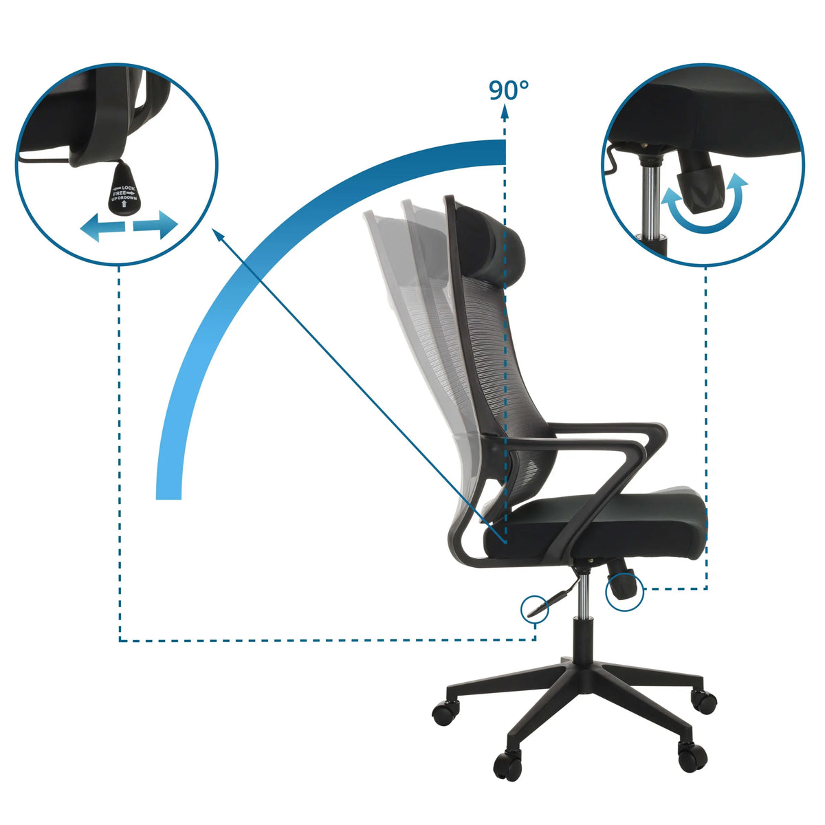 Justerbart ryggstöd och mekanism för NEKEO Home Office kontorsstol med 90° lutningsvinkel från hjh OFFICE