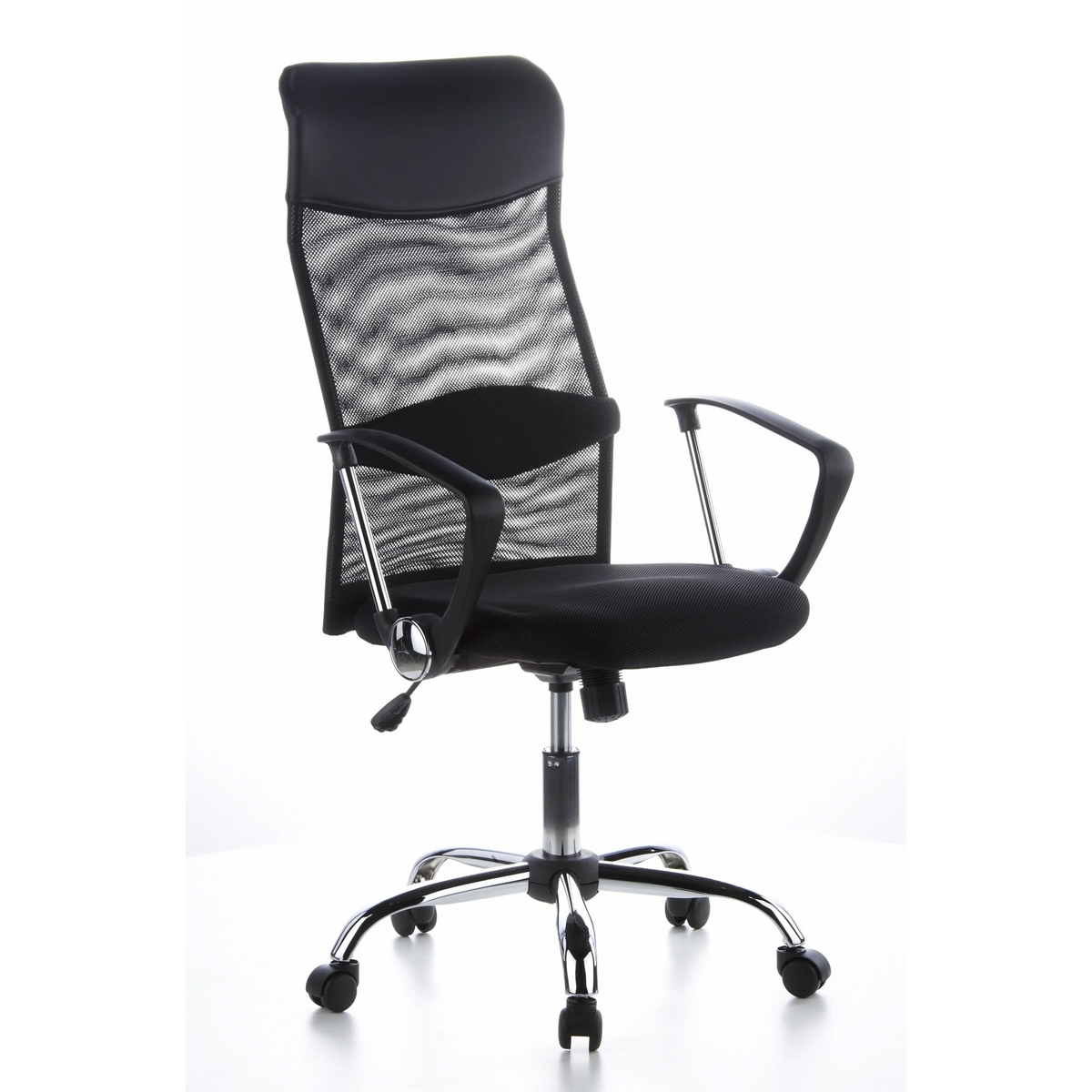 Svart Home Office chefsfåtölj ARIA HIGH med nätrygg och femhjulig fotkorsbas från hjh OFFICE – 360-gradersvy (snett framifrån 40°)