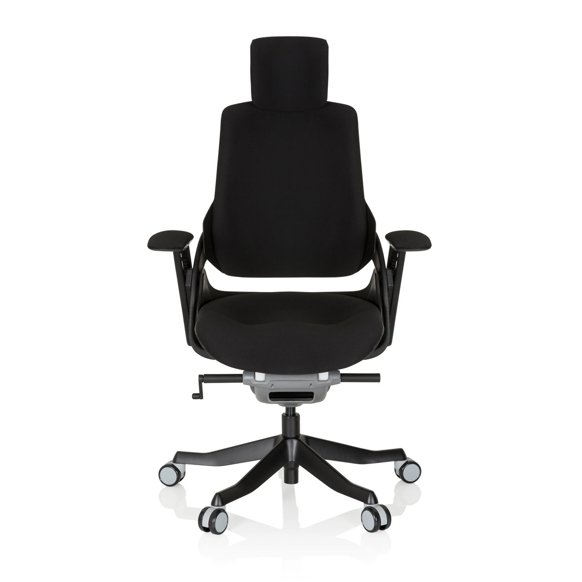 Svart Professionell kontorsstol SPEKTRE BLACK med nackstöd, armstöd och femhjulig fotkorsbas från hjh OFFICE – 360-gradersvy (framifrån 0°)