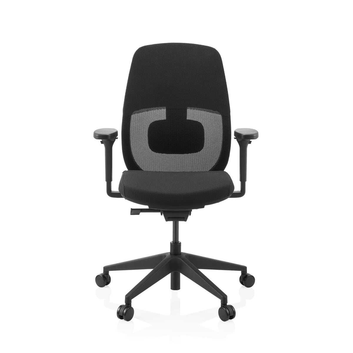 Svart Professionell kontorsstol Skandis med nätrygg och femstjärnig fot med hjul från hjh OFFICE – 360-gradersvy (framifrån 0°)