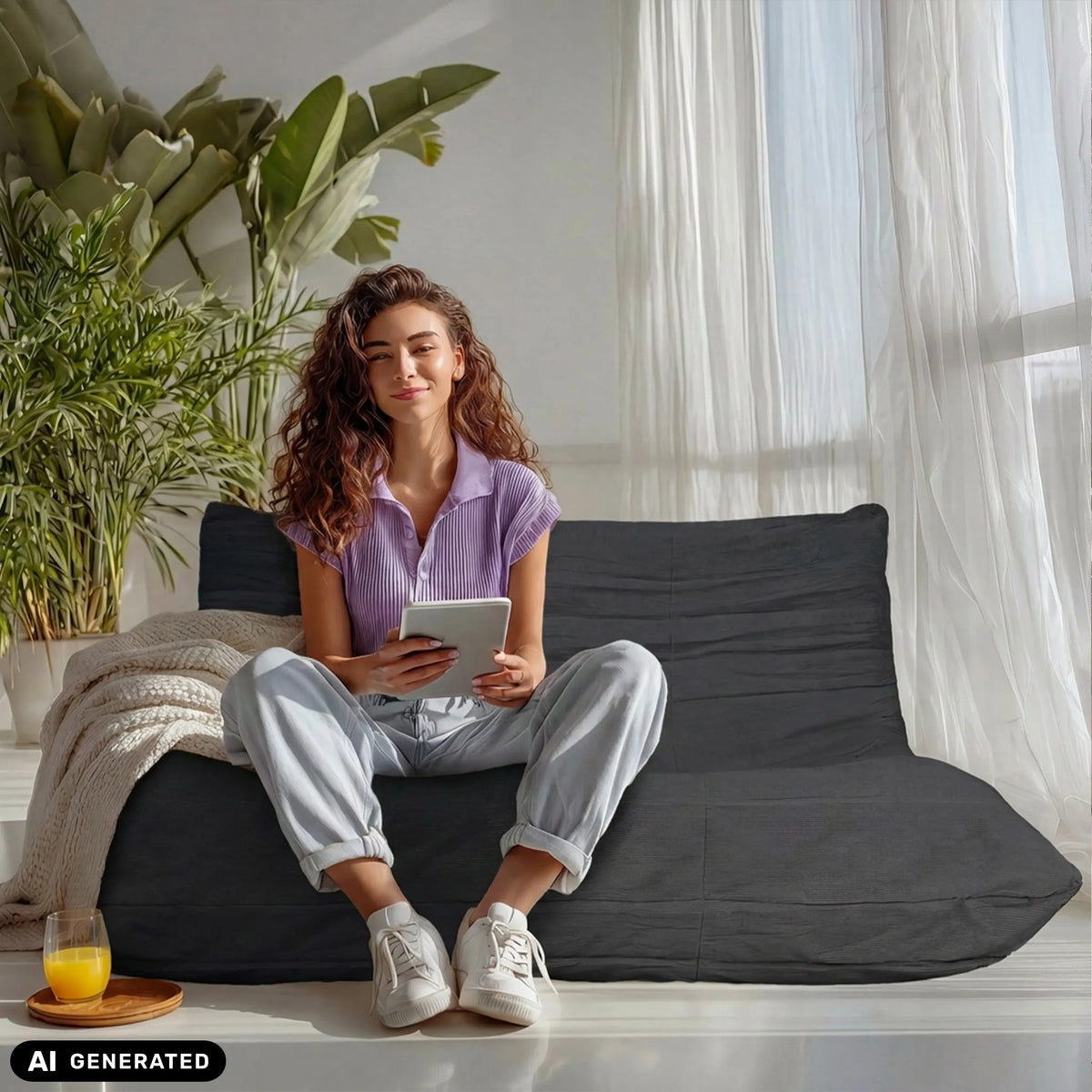 Grå Sitzolo 2 loungefåtölj med en sittande person från hjh LIVING (AI-genererad bild)