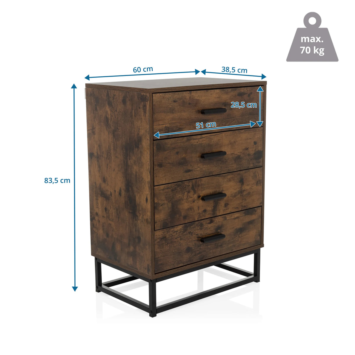 Måttritning av Byrå VINSTRA med 60 × 83,5 cm och maximal belastning på 70 kg från hjh LIVING