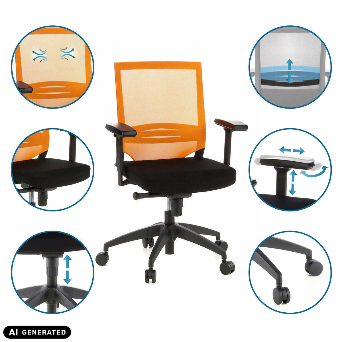 Professionell kontorsstol PORTO BASE i svart-orange med olika inställningsmöjligheter från hjh OFFICE (AI-genererad bild)