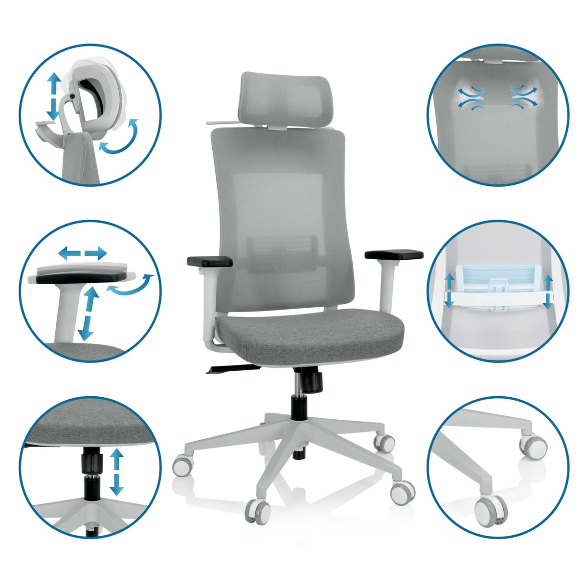 Grå Professionell kontorsstol COMFIO WMH med olika inställningsmöjligheter för nackstöd och armstöd från hjh OFFICE