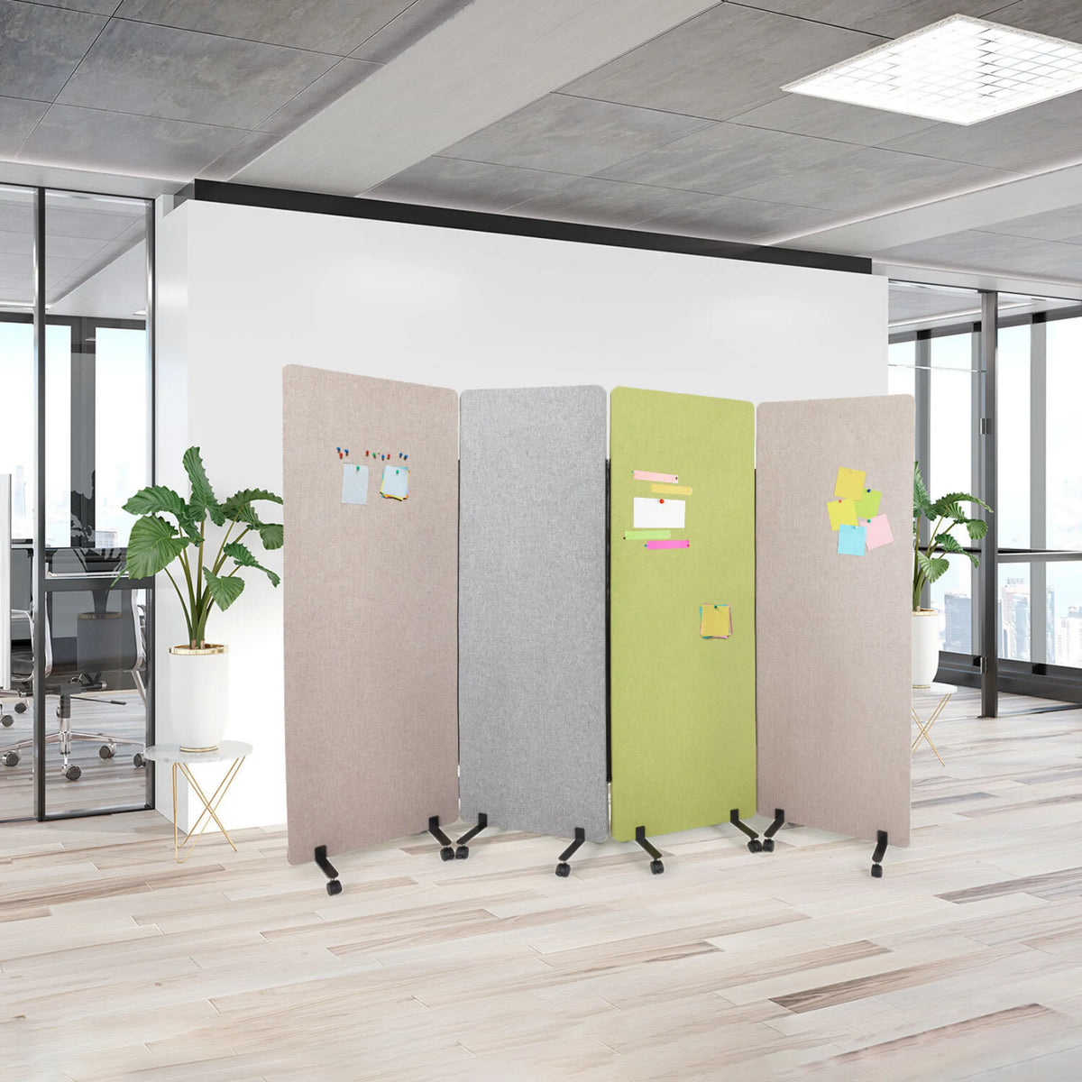 Mobila skärmväggar FLEXMIUT i beige, mörkgrå och ljusgrön på hjul med anteckningar från hjh OFFICE