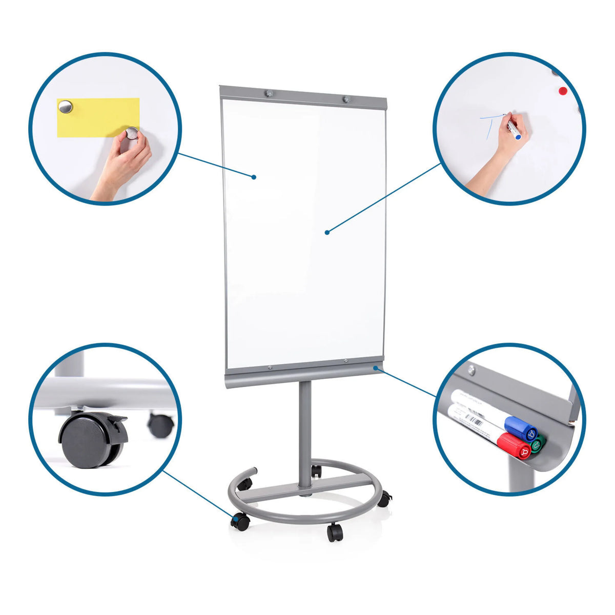 Silverfärgad whiteboard MULTIBOARD med hjul, markerbricka och en vit skrivyta från hjh OFFICE