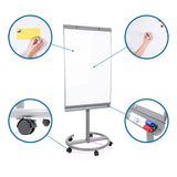 Silverfärgad whiteboard MULTIBOARD med hjul, markerbricka och en vit skrivyta från hjh OFFICE