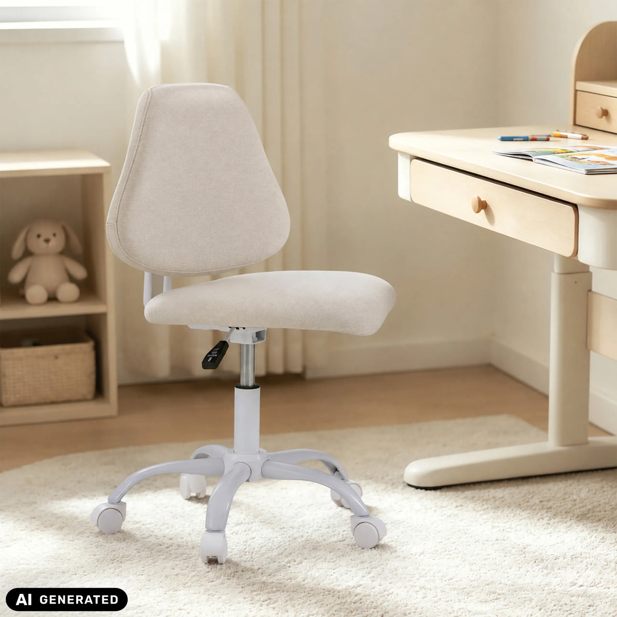 Beige snurrstol för barn Lumikid med hjul och gaslift från hjh OFFICE (AI-genererad bild)