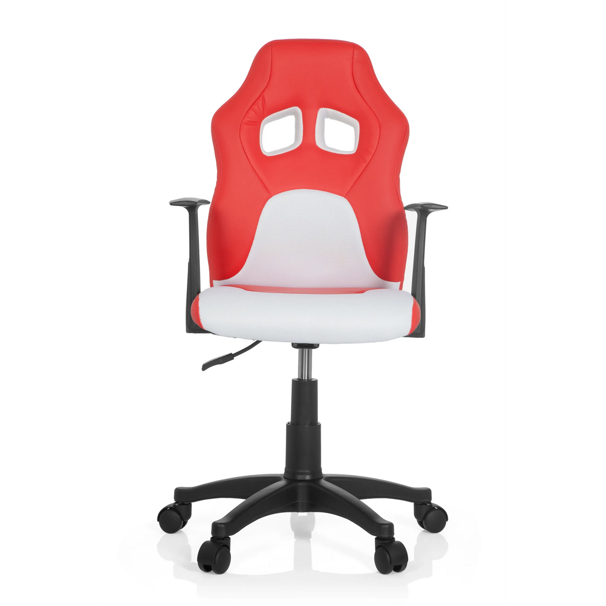 Rödvit TEEN GAME AL snurrstol för barn med armstöd och svart femstjärnigt fotkryss med hjul från hjh OFFICE – 360-gradersvy (framifrån 0°)