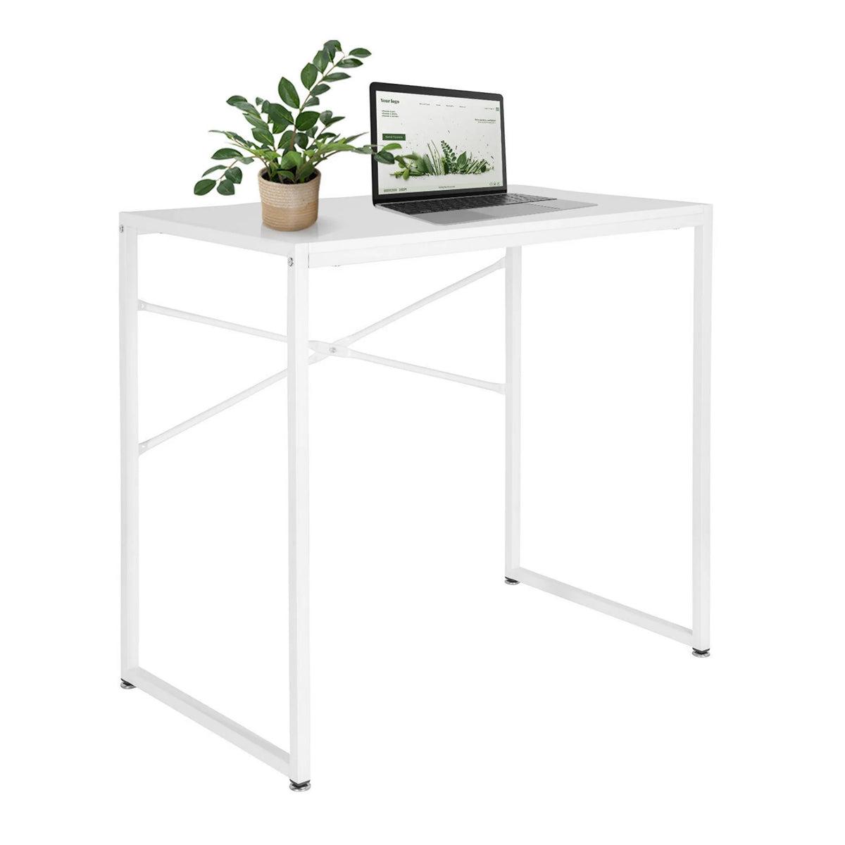 Vitt Skrivbord EASY UP H I med metallstomme, en bärbar dator och en växt från hjh OFFICE