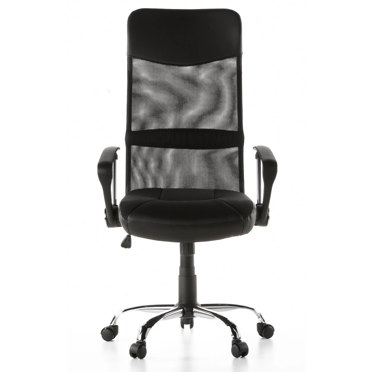 Svart Home Office chefsfåtölj STRYKA med nätrygg, konstlädersits och stjärnfot från hjh OFFICE – 360-gradersvy (framifrån 0°)