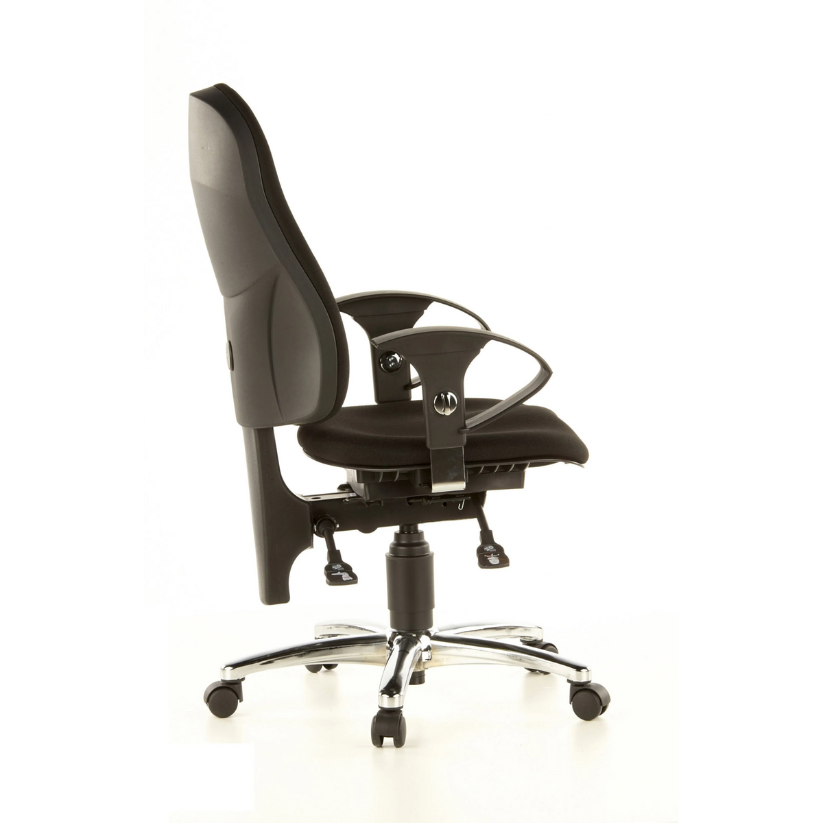 Schwarzer Profi-Bürostuhl SITNESS 10 mit Armlehnen und Fußkreuz mit fünf Rollen von Topstar – 360-Grad-Ansicht (Seitenprofil 100°)