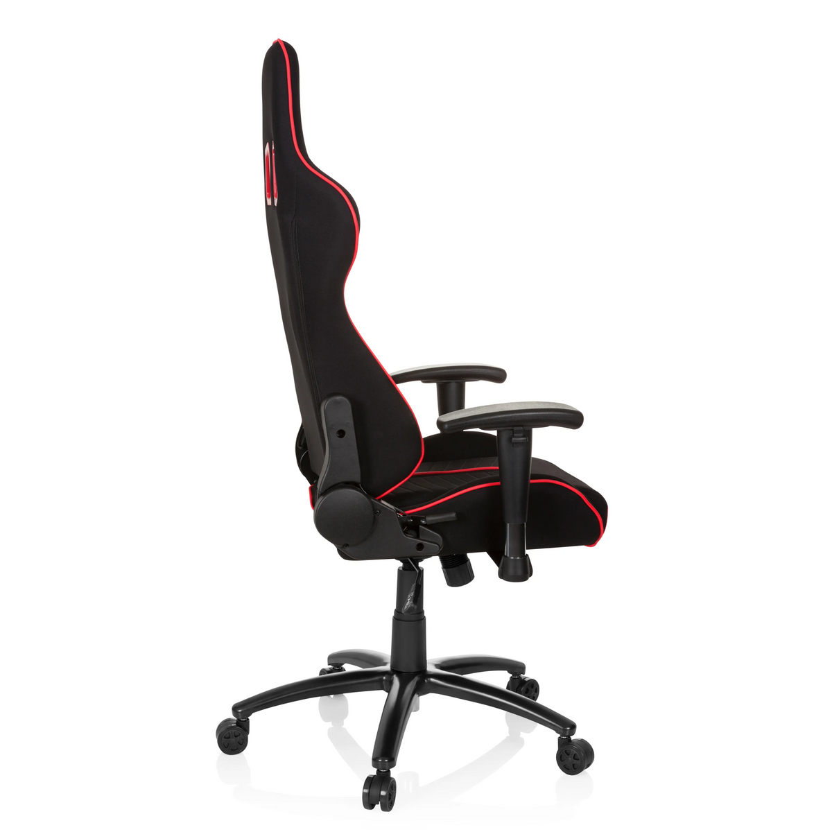Schwarz-roter Gamingstuhl LEAGUE PRO I mit zwei Kopfstützen-Öffnungen und Fußkreuz mit fünf Rollen von hjh OFFICE – 360-Grad-Ansicht (Seitenprofil 100°)