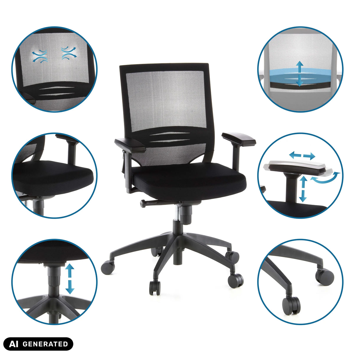 Professionell kontorsstol PORTO BASE med olika inställningsmöjligheter och nätryggstöd från hjh OFFICE (AI-genererad bild)