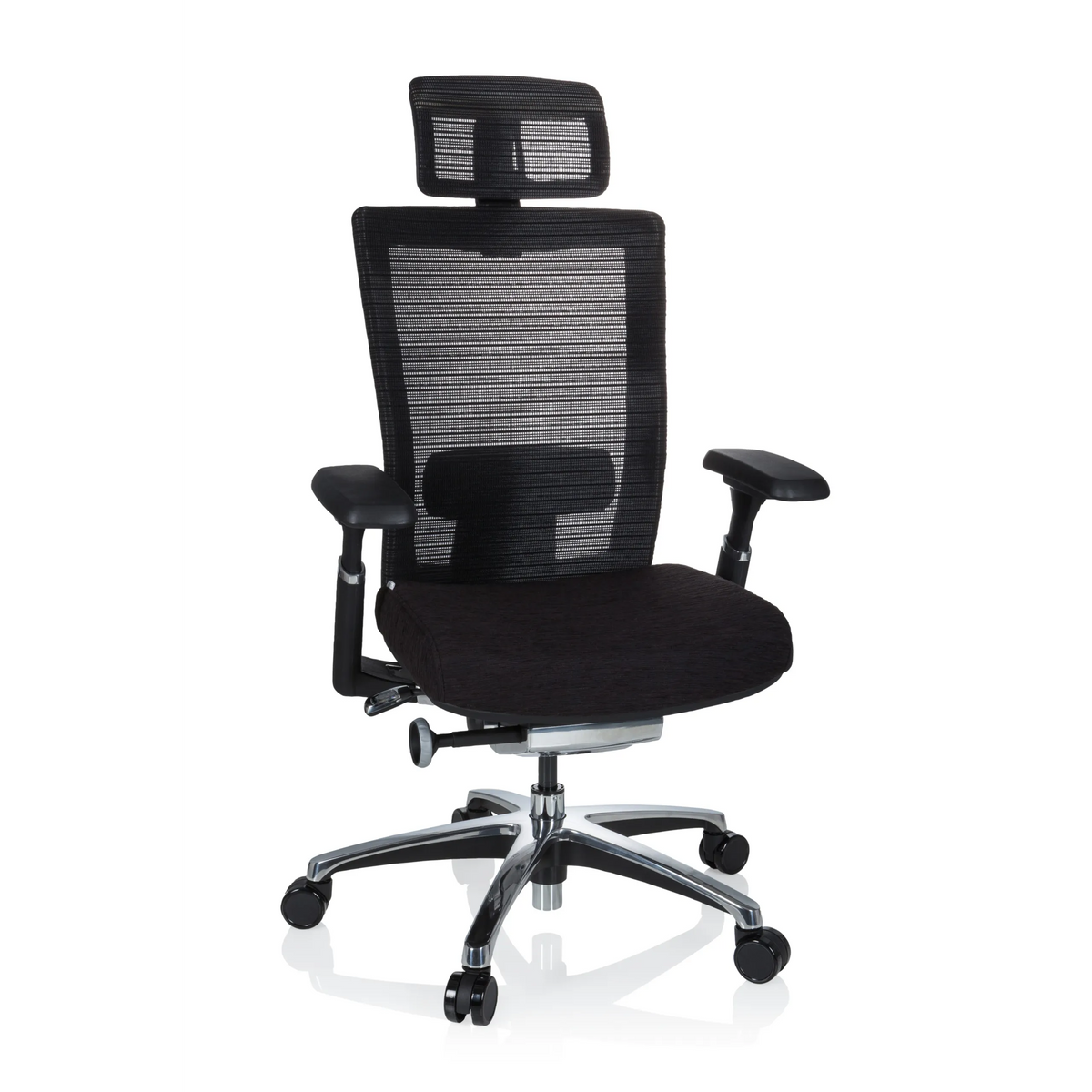 Svart hög kontorsstol NOVA PRO I med nätrygg och femstjärnig fotkorsbas med hjul från hjh OFFICE – 360-gradersvy (framifrån 20°)