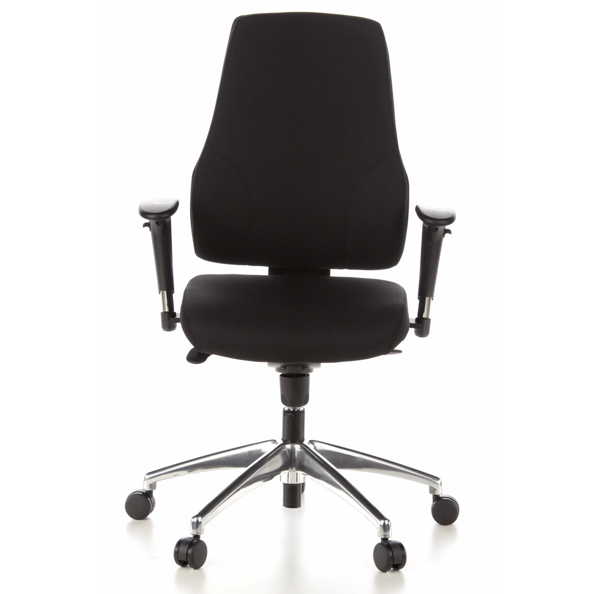 Svart Professionell kontorsstol PRO-TEC 200 med armstöd och ett femstjärnigt underrede med hjul från hjh OFFICE – 360-gradersvy (framifrån 0°)