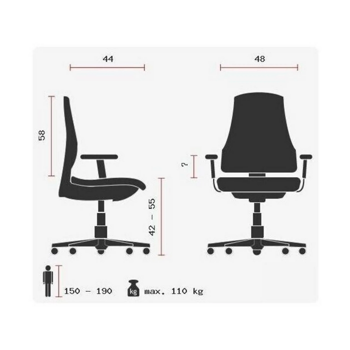Technische Zeichnung des Profi-Bürostuhls SITNESS 10 mit einer maximalen Belastung von 110 kg von Topstar