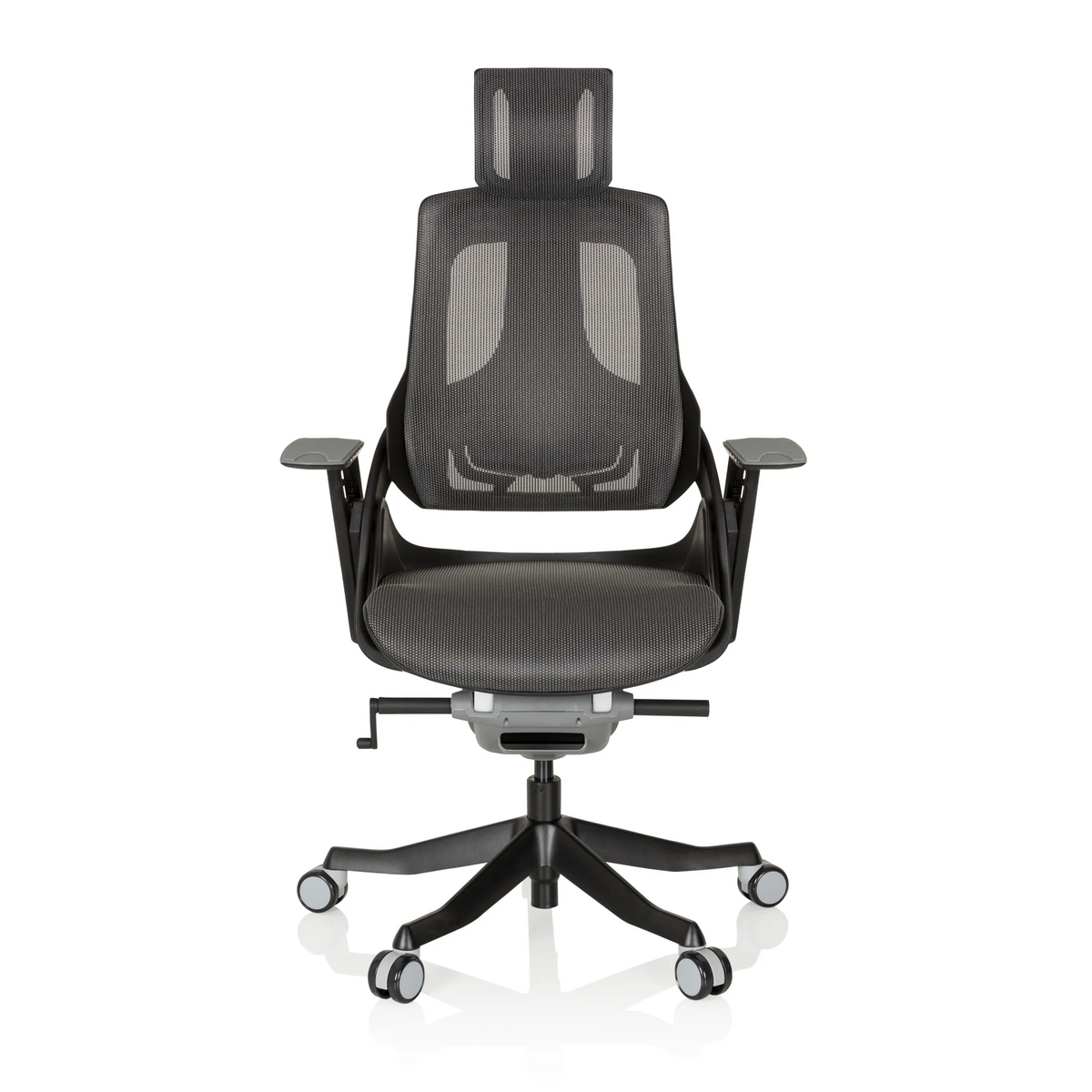 Gråsvart Professionell kontorsstol SPEKTRE BLACK med nätrygg och femhjulig fotkorsbas från hjh OFFICE – 360-gradersvy (framifrån 0°)