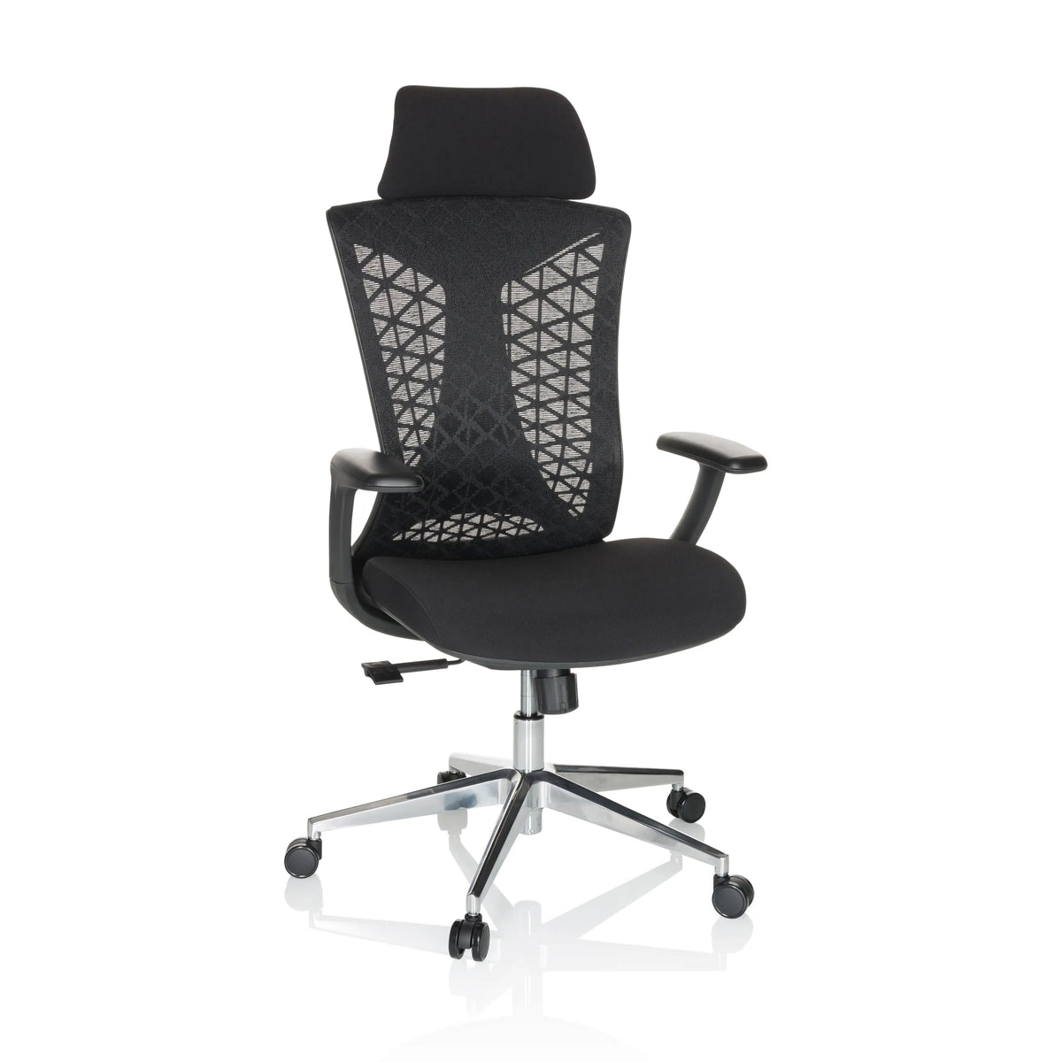 Svart Professionell kontorsstol FALEO B med nätrygg och femstjärnig fotkorsbas med hjul från hjh OFFICE – 360-gradersvy (framifrån 15°)