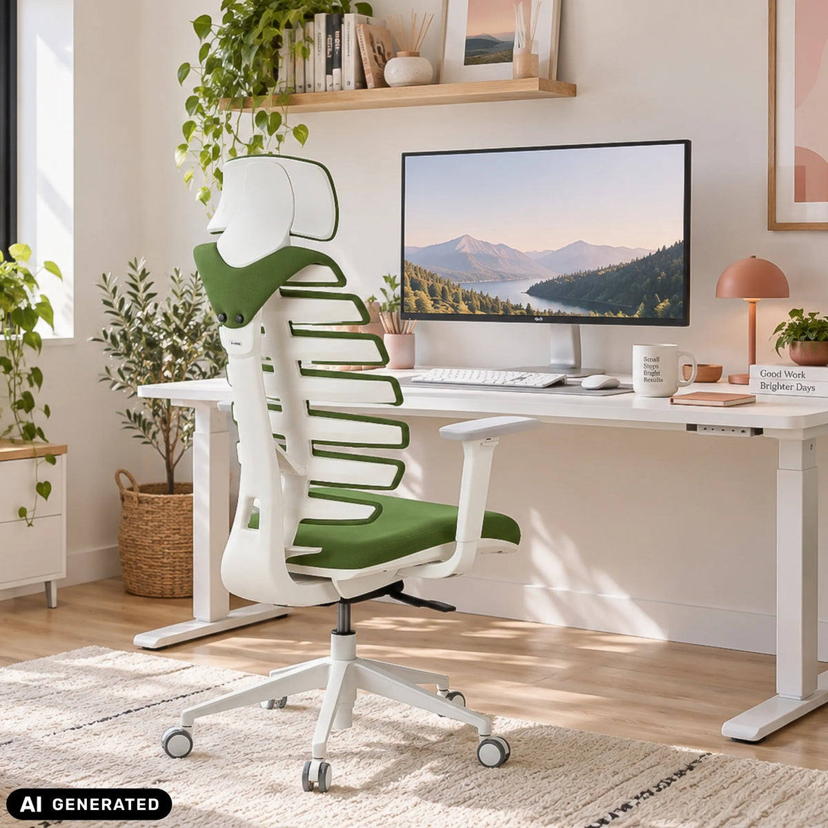 Professionell kontorsstol ERGO LINE W i Mystic Forest med vit ram från hjh OFFICE (AI-genererad bild)
