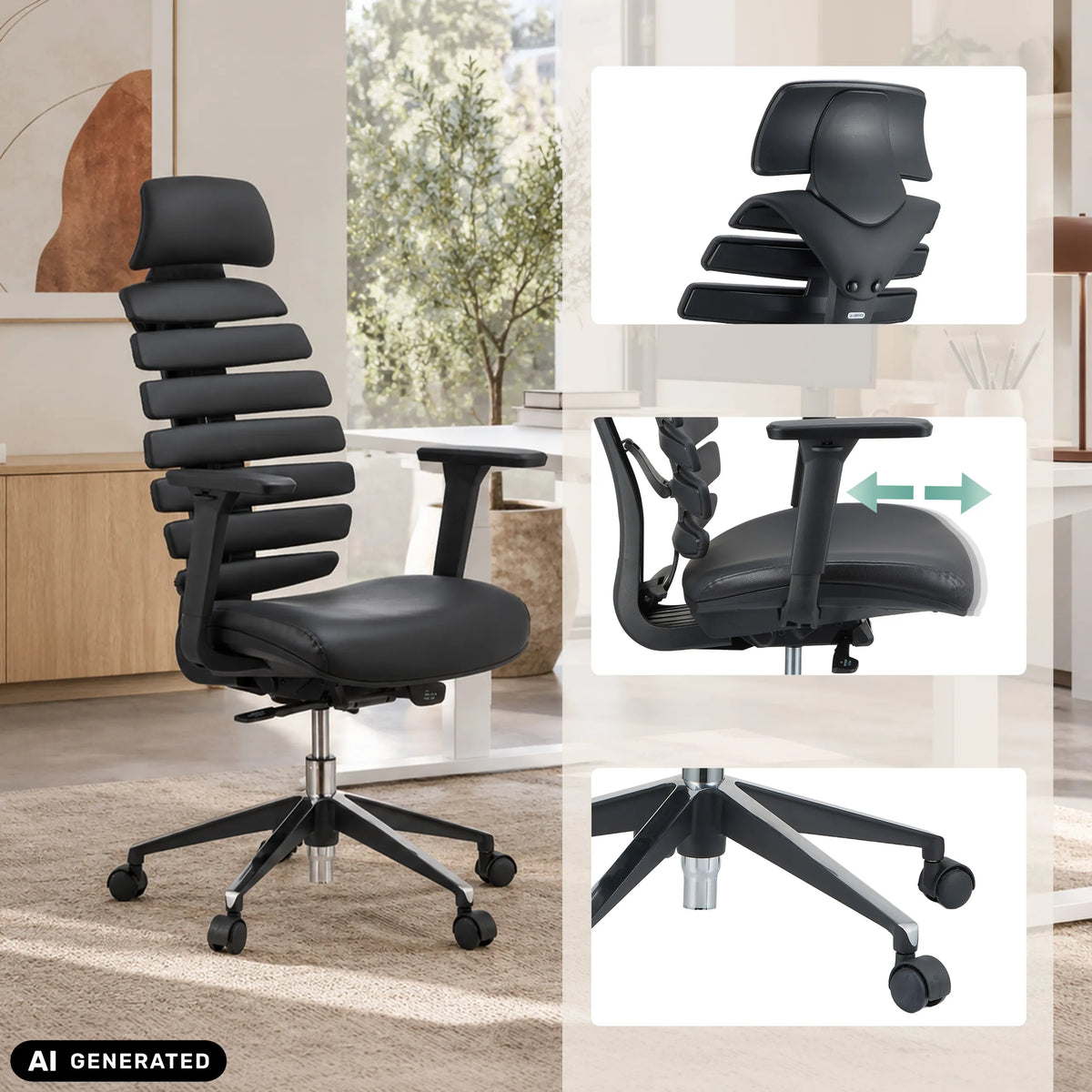 Svart professionell kontorsstol ERGO LINE II PRO i läder med justerbara armstöd från hjh OFFICE (AI-genererad bild)