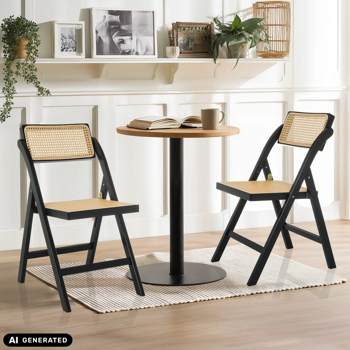 Två TUDELA BAMBOO hopfällbara stolar i svart och brunt med wienerflätning från hjh LIVING (AI-genererad bild)