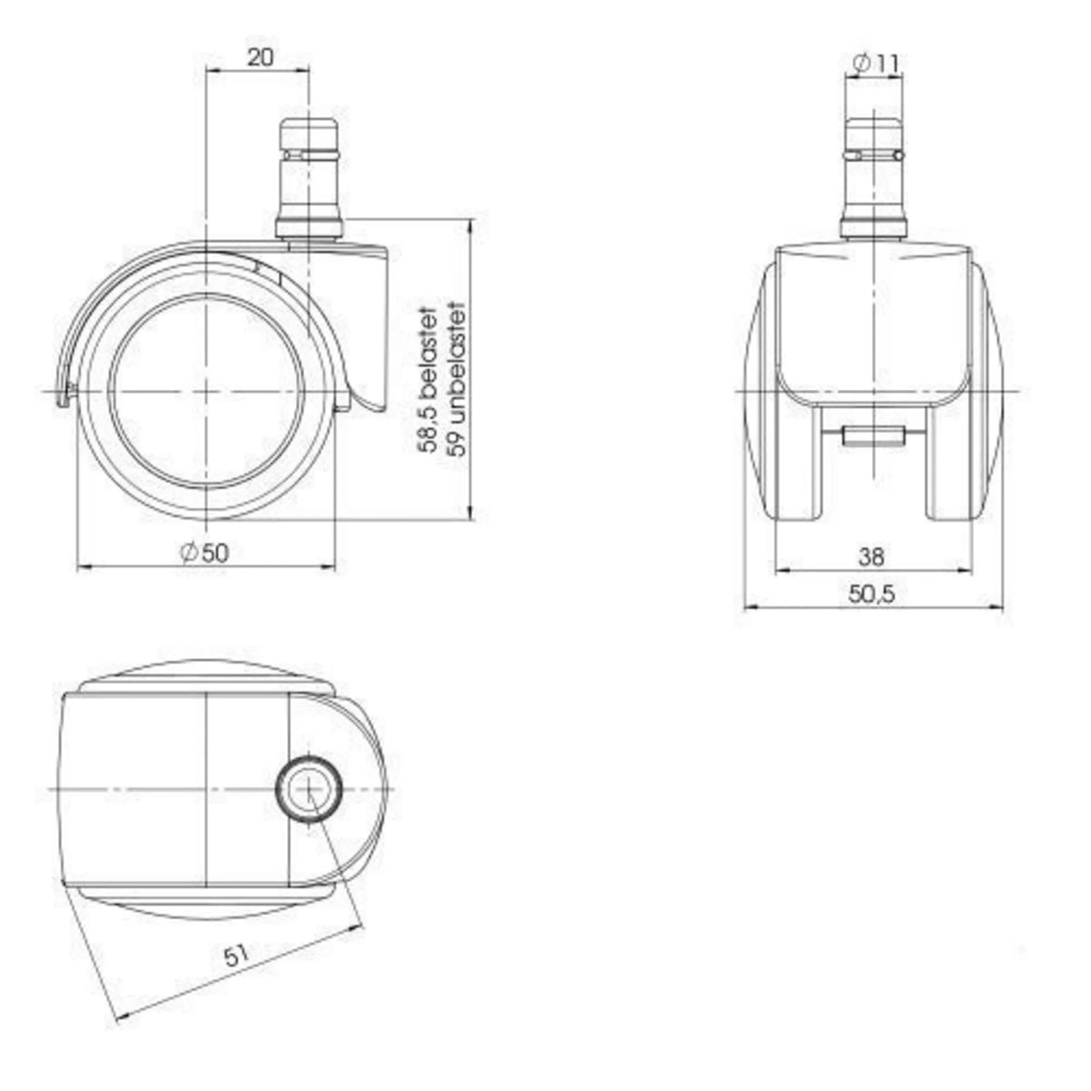 Teknisk ritning av stol på hjul 5x ROLO EASY 11mm/50mm med en diameter på 50 mm från hjh OFFICE