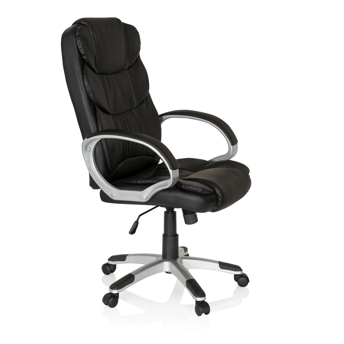 Svart Home Office chefsfåtölj RELAX BY155 med armstöd och femhjulig fotkorsbas från MyBuero – 360-gradersvy (snett framifrån 60°)