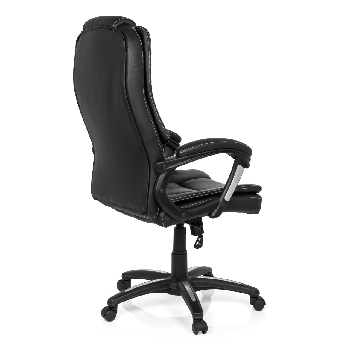 Svart Home Office kontorsstol RELAX CL120 med vaddering och femstjärnig fotkorsbas med hjul från MyBuero – 360-gradersvy (snett bakifrån 120°)