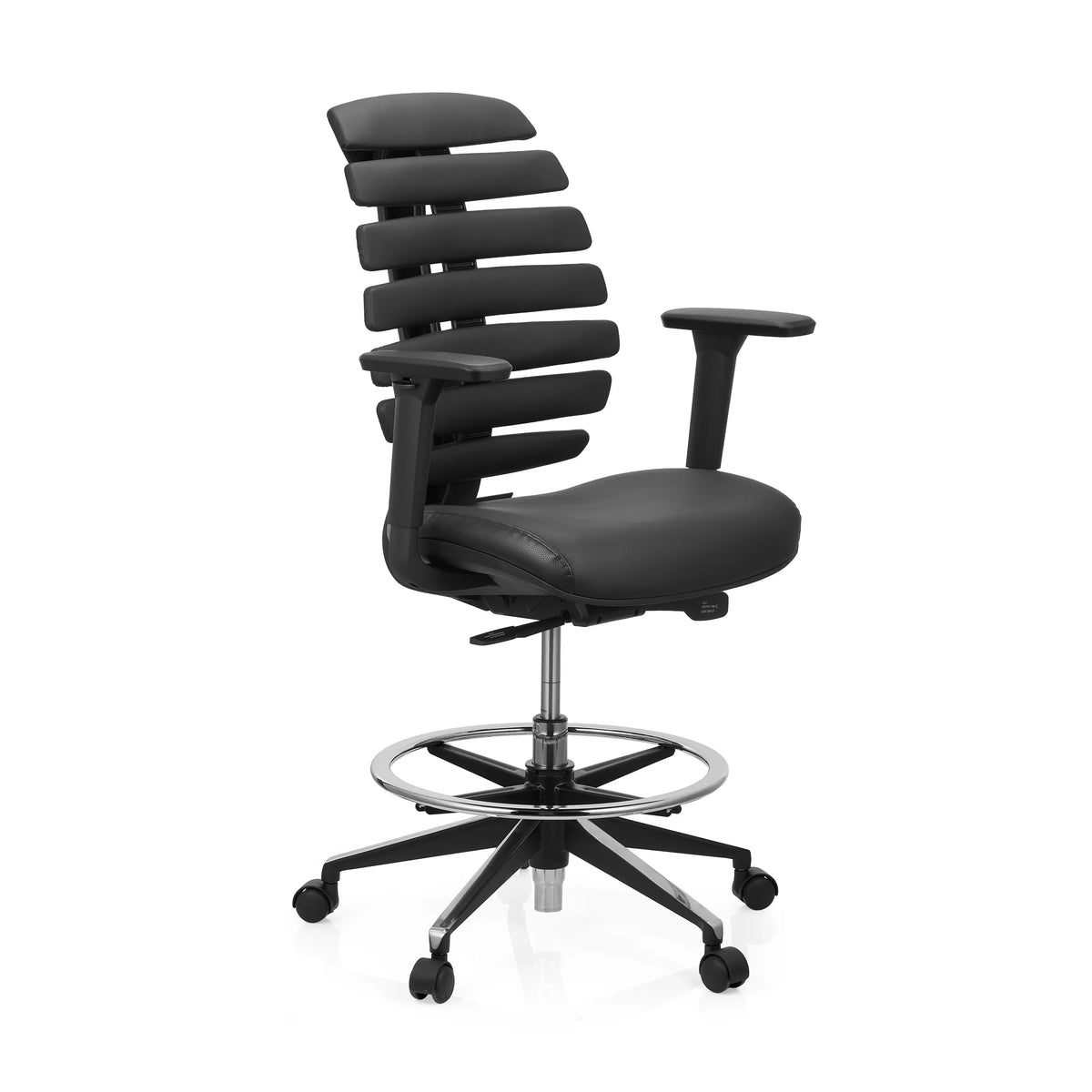 Schwarzer Counterstuhl ERGO LINE II WORK aus Leder mit Fußring und Fußkreuz mit fünf Rollen von hjh OFFICE – 360-Grad-Ansicht (schräge Frontansicht 60°)