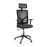 Svart Home Office kontorsstol BRETON B med nätrygg, nackstöd och femhjulig fotkorsbas från hjh OFFICE – 360-gradersvy (framifrån 20°)