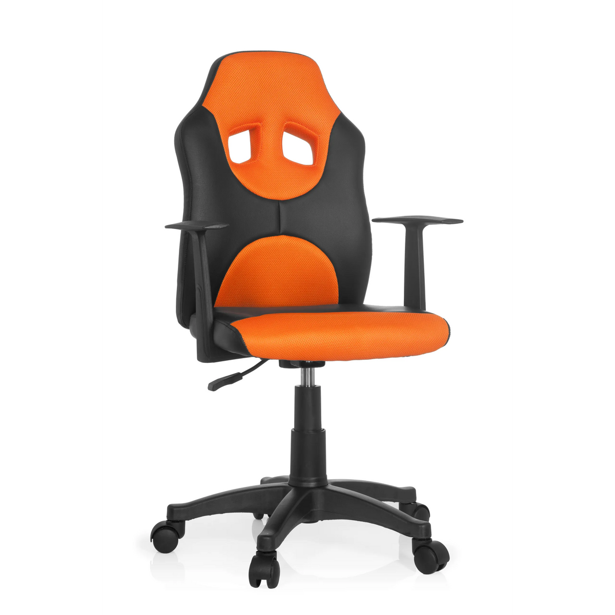 Svart-orange Snurrstol för barn KID GAME AL med nätrygg och femhjulig fotkorsbas från hjh OFFICE – 360-gradersvy (framifrån 20°)