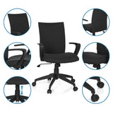 Home Office kontorsstol SOFT i svart med detaljvyer av armstöd, gasfjäder och hjul från hjh OFFICE