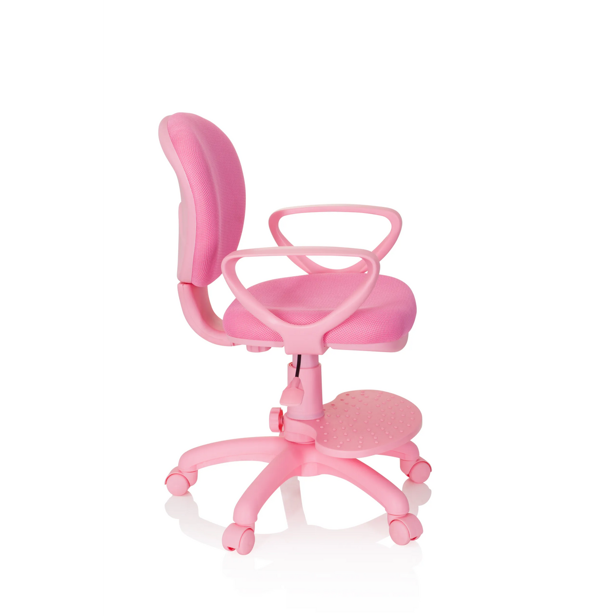 Rosa Snurrstol för barn KID COLOUR med armstöd och femhjulig fotkorsbas från hjh OFFICE – 360-gradersvy (sidoprofil 80°)