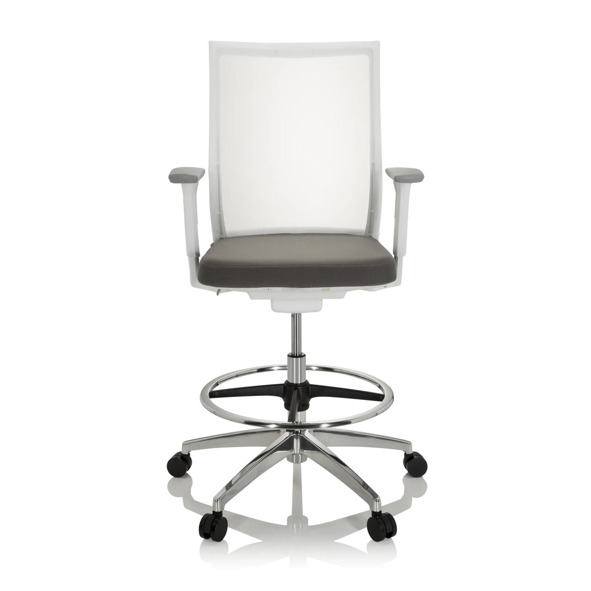 Grå Bardiskstol ASPEN WORK W med nätrygg, fotring och femhjulig fotkorsbas från hjh OFFICE – 360-gradersvy (framifrån 0°)