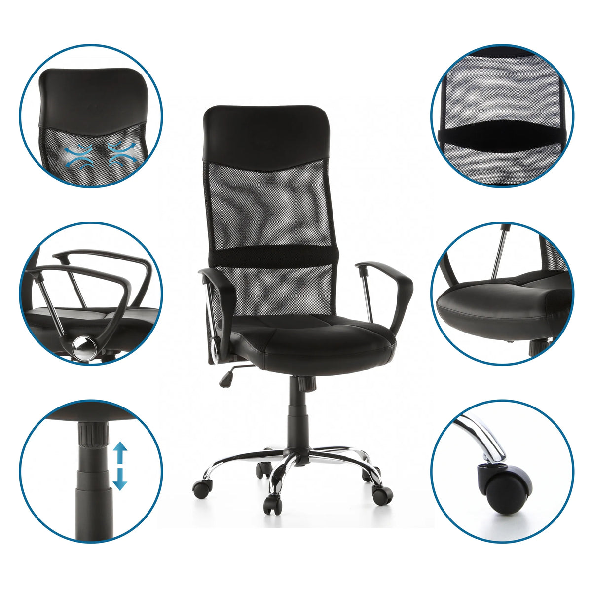 Homeoffice Chefsessel ARTON 20 in Schwarz mit Netzrücken und Detailansichten von hjh OFFICE
